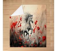 feelingyou Horse Kids Flannel Blanket,Poppy Flowers Leaf Rustic Farmhouse Bed Blanket,Wildlife Plant Natural Retro Girls Boys Sofa Decor,Red Fuzzy Blanket,Throw Size (50 x 60 Inches)