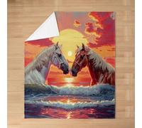 feelingyou Horse Kids Flannel Blanket,Sunset Ocean Waves Beach Coastal Bed Blanket,Sea Water Rustic Farmhouse Animal Girls Boys Sofa Decor,Vintage Orange Fuzzy Blanket,Throw Size (50 x 60 Inches)