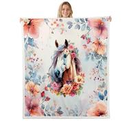feelingyou Horse Kids Throw Blanket,Flowers Leaf Plant Botanical Natural Bed Blanket,Cowboy Wild Animal Rustic Farmhouse Girls Boys Sofa Decor,Blue Pink Fuzzy Blanket,40 x 50 Inches