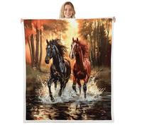 feelingyou Horse Kids Throw Blanket,Sunset Jungle Animals Pine Nature Bed Blanket,Rustic Farmhouse Wildlife Girls Boys Sofa Decor,Black Brown Fuzzy Blanket,Throw Size (50 x 60 Inches)
