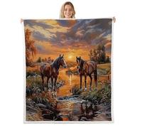 feelingyou Horse Kids Throw Blanket,Sunset Lake River Natural Rustic Bed Blanket,Jungle Animal Wildlife Plant Girls Boys Sofa Decor,Retro Brown Fuzzy Blanket,Throw Size (50 x 60 Inches)