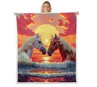 feelingyou Horse Kids Throw Blanket,Sunset Ocean Waves Beach Coastal Bed Blanket,Sea Water Rustic Farmhouse Animal Girls Boys Sofa Decor,Vintage Orange Fuzzy Blanket,Throw Size (50 x 60 Inches)