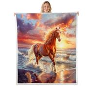 feelingyou Horse Kids Throw Blanket,Sunset Ocean Waves Beach Coastal Bed Blanket,Sea Water Summer Seaside Girls Boys Sofa Decor,Brown Orange Fuzzy Blanket,Baby Size (30 x 39 Inches)