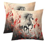 feelingyou Horse Kids Throw Pillow Cover,Poppy Flowers Leaf Rustic Farmhouse Double Sides Pillow Case,Wildlife Plant Natural Retro Home Decor,Red Bed Couch Sofa Cushion Cover,2 Pack 24"x24"