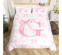 feelingyou Initial Letter G Chic Duvet Cover Set Double Size,Dreamy Bow Love Hearts Kawaii Pink Bedding Set,Princess Style Pink Bowknot Girly Romantic Comforter Cover(No Filler) for Teens,3 Pcs