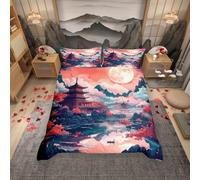 feelingyou Japanese Style Duvet Cover Set King Size,Japan Ukiyo-e Cherry Blossom Bedding Set,Boys Girls Room Decor,Moonnight Natural Landscape Comforter Cover,Red Black,2 Pillowcases(No Comforter)