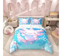 feelingyou Kawaii Axolotl Cotton Duvet Cover Single Size,Ocean Marine Life Salamander Cute Bedding Set with 1 Pillow Sham,Watercolor Blue Sky Ocean Bubbles 3D Print Comforter Cover(No Filler),2 Pcs