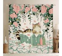 feelingyou Kawaii Cat Kids Window Curtains,Cat Taking a Bath Flower Window Drapes,Funny Animal Floral Boys Girls Room Decor,Beige Green 2 Panel Sets,46x72L
