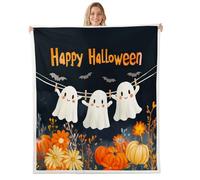 feelingyou Kawaii Halloween Blanket for Kids Girls Boys,Pumpkin Ghost Festival Themed Blankets for Bedroom Sofa Dorm Decor,Vintage Floral Bed Couch Blanket,Queen (90 x 90 Inches),Dark Blue Orange