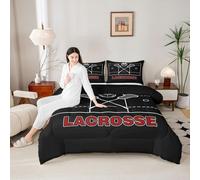 feelingyou Lacrosse Girls Bedding Set Single Size,Ball Sport Games Modern Comforter Set,Lacrosse Player Abstract Field Quilt Comforter Girls Boys,Black Red Room Decor All Season,1 Pillowcase