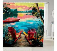 feelingyou Lake Life Shower Curtain for Stalls Bathtubs Deck Chair Boat Bathroom Shower Curtain Set Country Style Oil Painting Bath Curtains Blue Green Pink Waterproof Curtains 72x78 Inch