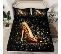 feelingyou Leopard Print Romantic Bedding Set Double Size,Modern Fashion Lady Fitted Sheet No Top Sheet,High Heels Bed Cover for Kids Teens Adults Bedroom Decor,2 Pillowcases