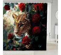 feelingyou Leopard Shower Curtain Set Red Rose Flowers Bath Curtains Kids Stalls Decor Wild Animal Jungle Shower Curtain Dark Green Waterproof Curtains 72"x72"