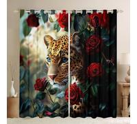 feelingyou Leopard Window Drapes Red Rose Flowers Boys Girls Living Room Curtains Wild Animal Jungle Bedroom Curtains Home Decor Dark Green Window Treatments 2 Panels Set,46x72 Inch