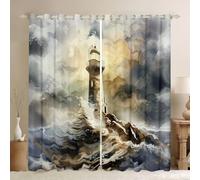 feelingyou Lighthouse Boys Girls Room Decor,Nautical Adventure Ocean Window Curtains,Sea Waves Water Tsunami Natural Blackout Curtains,Grey Blue 2 Panel Sets,46x54L