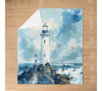 feelingyou Lighthouse Kids Flannel Blanket,Sea Gull Ocean Waves Nautical Bed Blanket,Sea Mew Sailing Boat Adventure Girls Boys Sofa Decor,Blue White Fuzzy Blanket,Queen Size (90 x 90 Inches)