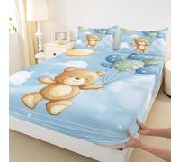feelingyou Lovely Bear Bed Sheet Double Size,Cute Blue Balloon Print Bedding Set 3Pcs,Watercolor Cloud Sky Kids Fitted Sheets Boys Girls Room Decor,Blue Deep Pocket Sheets,2 Pillowcases,No Flat Sheet