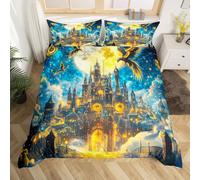 feelingyou Magic Castle Bedding Sets,Yellow Moon Blue Galaxy Sky Duvet Cover for Kids Teens Adults,Exotic Myth Birds Animal Mysterious Style Quilt Cover 2 Pillowcases(No Comforter) Double 3 Pcs