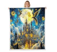 feelingyou Magic Castle Throw Blanket Yellow Moon Blue Galaxy Sky Bed Blanket for Kids Teens Adults Exotic Myth Birds Animal Mysterious Style Fleece Blanket for Chairs Sofa Queen