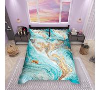 feelingyou Marbling Duvet Cover Set King Mint Gold Glitter Turquoise Comforter Cover Chic Girly Marble Bedding Set 3pcs for Kids Girls Room Decor, Abstract Stone Texture Bedspread with 2 Pillowcases
