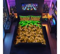 feelingyou Miner Style Square Grid Duvet Cover Set Double Size,Brown Green Army Camo Bedding Set for Kids Boys Teens Men Room Decor,Cartoon Gamepad Reversible Pixelated Games Quilt Cover 3Pcs