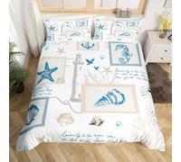 feelingyou Nautical Coastal Single Size Duvet Cover,Ocean Beach Starfish Shell Conch Seaside Duvet Cover for Kids Teens All Season,Vintage Lighthouse Anchor Blue Beige Bedding Set,No Comforter