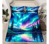 feelingyou Northern Lights Kids Fitted Sheet King Size,Rainbow Starry Sky North Pole Dreamy Bedding Set,Girls Women Room Decor,Pine Trees River Natural Bed Cover,Blue Purple Bed Sheet,2 Pillowcases
