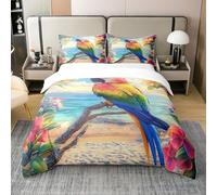 feelingyou Parrot 100% Cotton Duvet Cover Single Tropical Wild Birds Bedding Set Colorful Blooming Flower Comforter Cover Hawaiian Summer Beach Bed Sets 1 Pillowcase Soft,Comforter Not Included