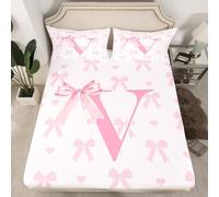 feelingyou Pink Bow Bed Sheet Set 3 Pieces,Princess Style Bowknot Love Hearts Girly Fairy Bedding Set(No Flat Sheet),Initial Letter V Chic Romantic Fitted Sheet,2 Pillow Cases,Double Size