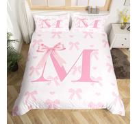 feelingyou Pink Bow Double Size Duvet Cover,Initial Letter M Chic Romantic Duvet Cover for Boys Girls All Season,Princess Style Bowknot Love Hearts Girly Fairy Bedding Set,Kawaii Pink,No Comforter