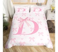feelingyou Pink Bow Duvet Cover,Initial Letter D Chic Romantic Quilt Cover(No Filler),Princess Style Bowknot Love Hearts Girly Fairy Bedding Set with 1 Pillowcase,Kawaii Pink Kids,Single Size