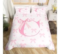 feelingyou Pink Bow Single Size Duvet Cover,Initial Letter C Chic Romantic Duvet Cover for Kids All Season,Princess Style Bowknot Love Hearts Girly Fairy Bedding Set,Kawaii Pink,No Comforter