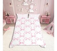 feelingyou Pink Bowknot Duvet Cover King Size,Princess Style Watercolor Bow-tie Bedding Set 3 Pcs for Teens Women,Fairy Tale Bow Ribbon Stripes Pink White Quilt Cover(No Filler),Kawaii Quilt Cover