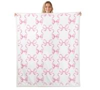 feelingyou Pink Bowknot Fleece Blanket,Princess Style Watercolor Bow-tie Throw Blanket for Sofa Adults,Fairy Tale Bow Ribbon Stripes Pink White Soft Blanket Bed Couch,Queen (90 x 90 Inches)