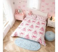 feelingyou Pink Bowknot Kids Duvet Cover Set Double Size,Christmas Trees Pine Bow Tie Bedding Set,Girls Women Room Decor,Merry Christmas Happy New Year Xmas Quilt Cover,2 Pillowcases(No Comforter)