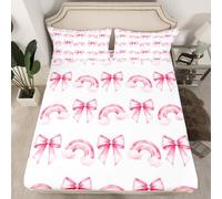 feelingyou Pink Bowknot Princess Fitted Sheet Double Size,Rainbow Cloud Bow Tie Toddler Bedding Set,Girls Women Room Decor,Bow Princess Tale Style Bed Cover,Cartoon Dreamy Bed Sheet,2 Pillowcases