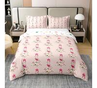 feelingyou Pink Bowknot Xmas Tree Duvet Cover 100% Nature Cotton Double,Merry Christmas Theme Bedding Set for Kids Bedroom Decor,Red Berry Flowers Quilt Set,Pink Comforter Cover 3 Piece(No Comforter)