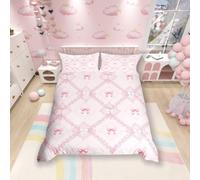 feelingyou Pink Bowknots Duvet Cover Double Size,Princess Lace Bow Western Mandala Floral Bedding Set 3 Pcs for Kids Teens,Dreamy Grids Diamonds Patchwork Comforter Cover(No Filler),Pink