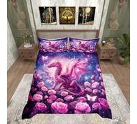feelingyou Pink Dragon Duvet Cover Single Size,Glitter Starry Sky Fantasy Rose Flower Comforter Cover for Adults Kids Bedroom Decor,Galaxy Butterfly Wild Animal Bedding Set 1 Pillowcase,No Comforter