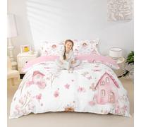 feelingyou Pink Fairy Girl Duvet Cover Double Size,Dreamy Cartoon Butterfly Soft Bedding Set,Fairy Tales Castle Comforter Cover 3PCS,Romantic Spring Botanical Quilt Cover,2 Pillowcases(Not Comforter)