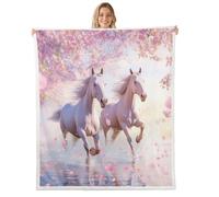 feelingyou Pink Horse Throw Blanket 3D Wild Animals Romantic Style Fuzzy Blanket for Kids Teens Adults Cherry Blossom Petals Spring Style Fleece Blanket for Bedroom Office Throw 50x60