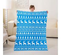 feelingyou Pixel Game Kids Flannel Blanket,Pixelated Pine Tree Bowknot Deer Bed Blanket,Christmas Video Games Girls Boys Sofa Decor,Blue White Fuzzy Blanket,40 x 50 Inches