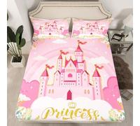 feelingyou Princess Bed Sheet Double Size,Pink Castle Dreamy Flowers Fitted Sheet for Teens Adults Bedroom Decor,Fairy Tale Theme for Girl Bed Cover 3pcs,2 Pillowcases,No Top Sheet