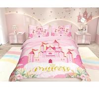 feelingyou Princess Duvet Cover Single Size,Pink Castle Dreamy Flowers Comforter Cover for Adults Kids Bedroom Decor,Fairy Tale Theme for Girl Comfortable Bedding Set 1 Pillowcase,No Comforter