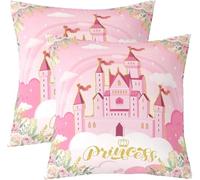 feelingyou Princess Theme Double Sides Print Pillow Covers 16" x 16",Pink Castle Dreamy Pillowcases for Teens Kids Bedroom Decor,Flowers Garden Fairy Reversible Print Pillow Covers 2 Pack