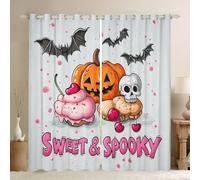 feelingyou Pumpkin Lantern Ghosts Window Curtain,Halloween Ghost Curtains for Kids Girls Boys Bedroom Decor,Sweet Cake Dessert Curtain Soft Polyester Window Drapes,46Wx72L,Light Pink White