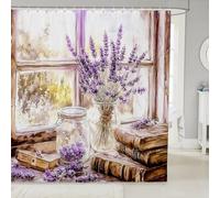 feelingyou Purple Lavender Shower Curtain for Stalls Bathtubs Country Rustic Style Bathroom Shower Curtain Set Old Books Floral Bath Curtains Purple Brown Waterproof Curtains 72x72 Inch