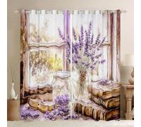 feelingyou Purple Lavender Window Drapes Country Rustic Style Boys Girls Living Room Curtains Old Books Floral Bedroom Curtains Home Decor Purple Brown Window Treatments 2 Panels Set,46x72 Inch