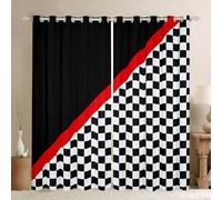 feelingyou Race Car Curtains for Windows,Black White Checkered Grid Curtains for Living Room,Racing Themed Red Stripes Geometric Blackout Drapes 2 Panel Sets,66x72L