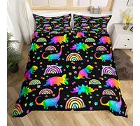 feelingyou Rainbow Dinosaur Duvet Cover Set Double Size,Cartoon Cute Dino Wild Animal Comforter Cover with 2 Pillowcases,Watercolor Flowers Floral Bedding Set for Girls Teens Present, Soft Microfiber